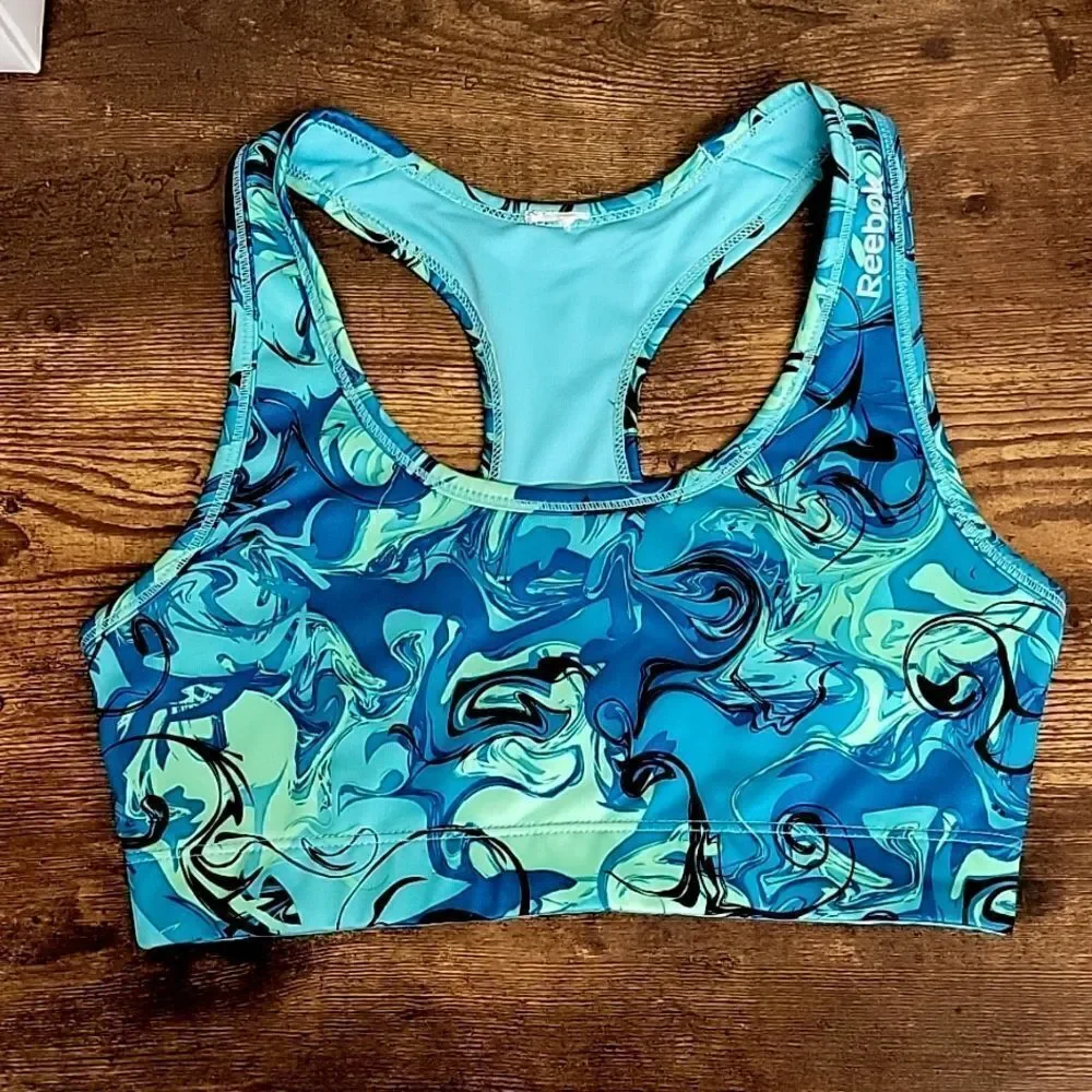 REEBOK WOMEN'S BLUE PAINT SWIRL RACERBACK SPORTS BRA, SIZE MEDIUM